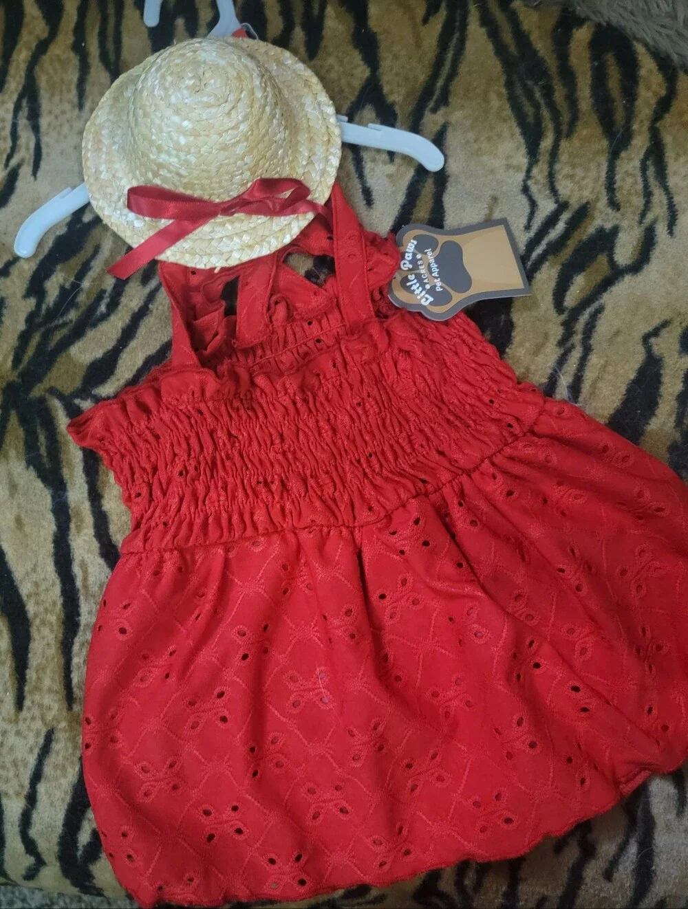Dog Or Cat Red Eyelet Smocked Sundress W Hat Sz Sm. Ea.